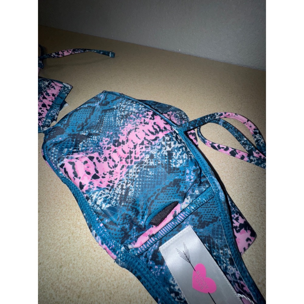 BuddyLove Naomi Bikini Top Pink Teal Snakeskin Ruffle Tie Strap Small NWT - Picture 4 of 5